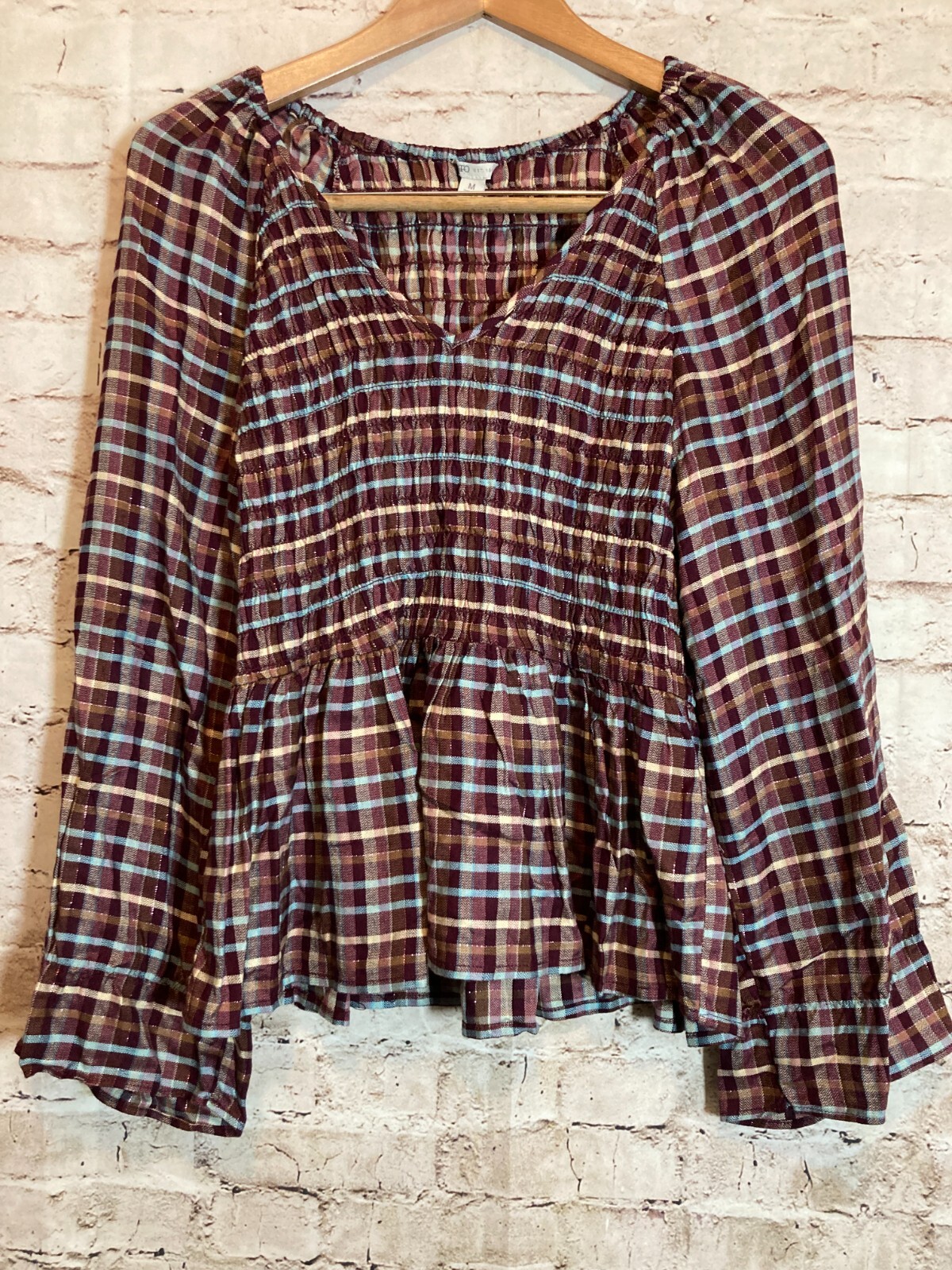 Cato Babydoll Top Womens Medium Maroon Red Plaid Smocked Flared Sleeve Flowy