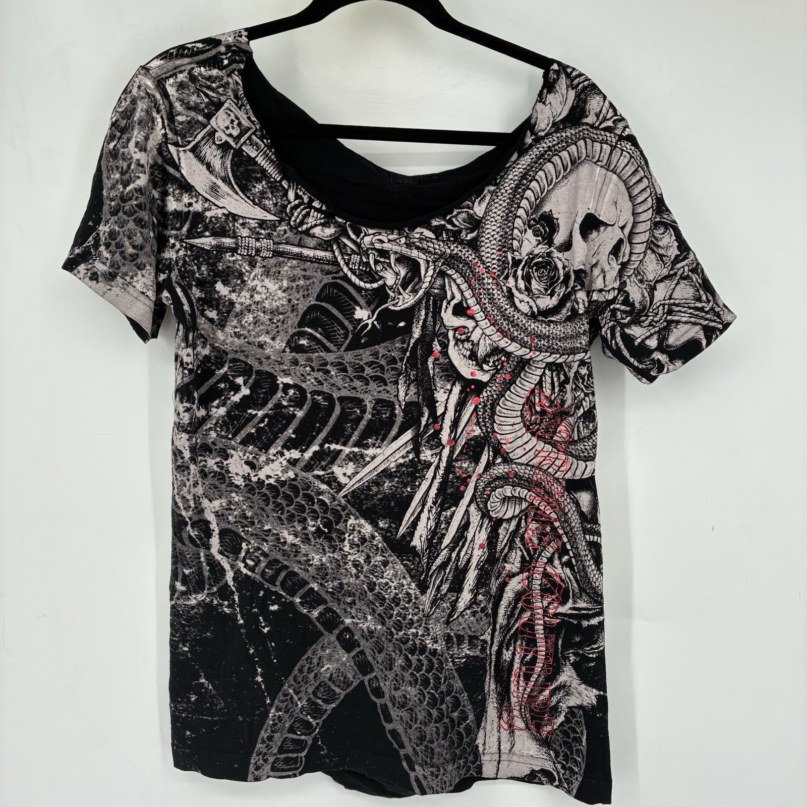 Xtreme Couture Y2K T Shirt AOP Grunge Gothic Biker Skull Black Blood Emo Snake