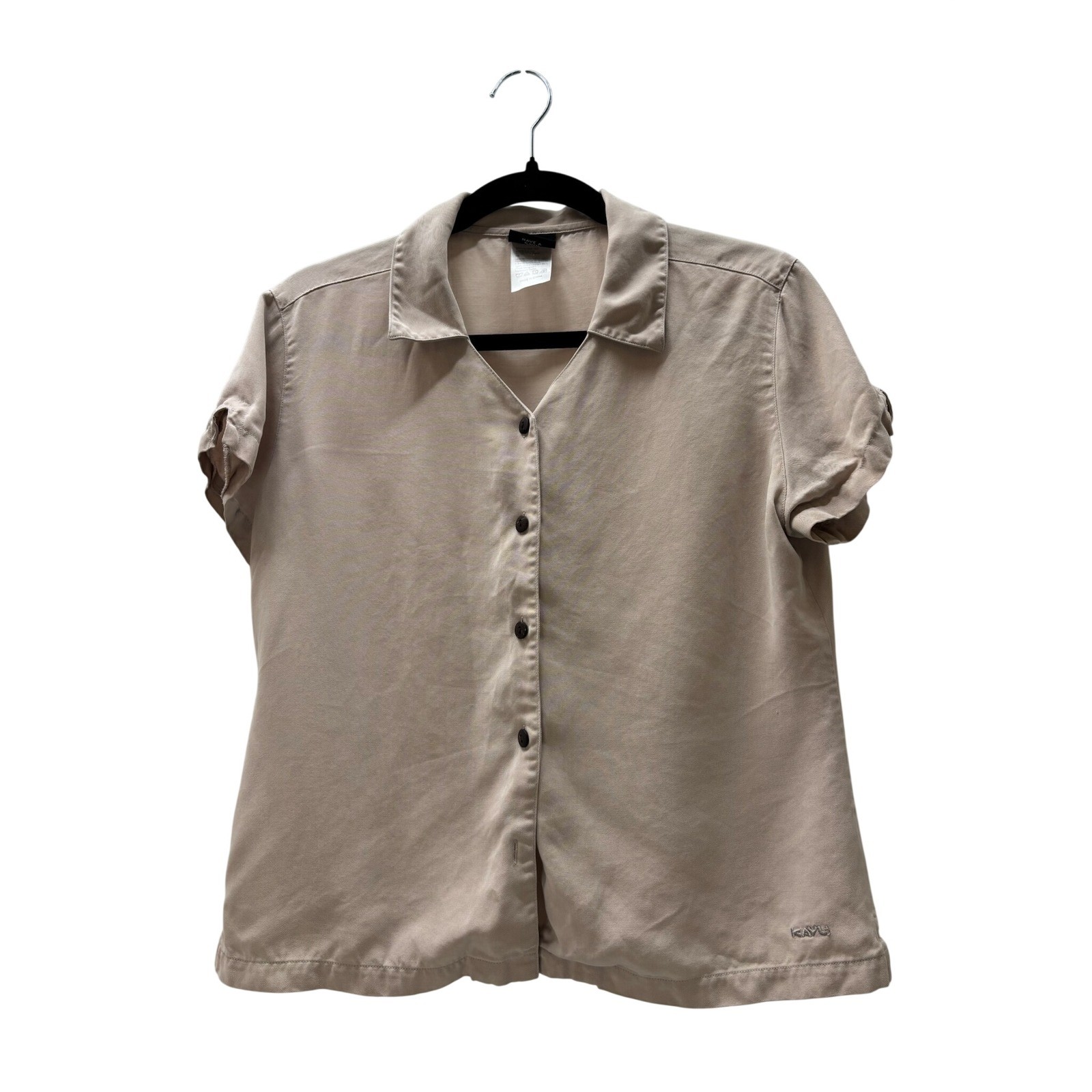Kavu Womens Short Sleeve Button Down Shirt Tan Khaki 100% Tencel Lyocell Small