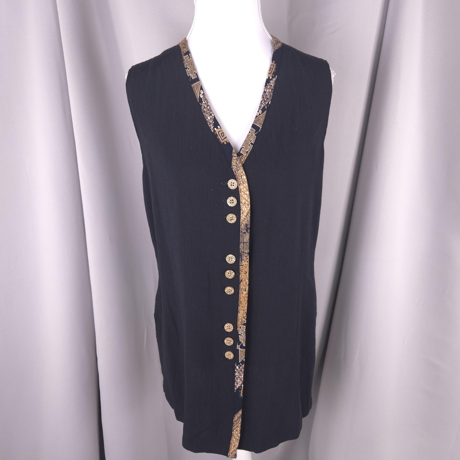 Womens M Vtg Black Crinkle Tunic Sleeveless V Neck Artsy Boho Lagenlook In Moda