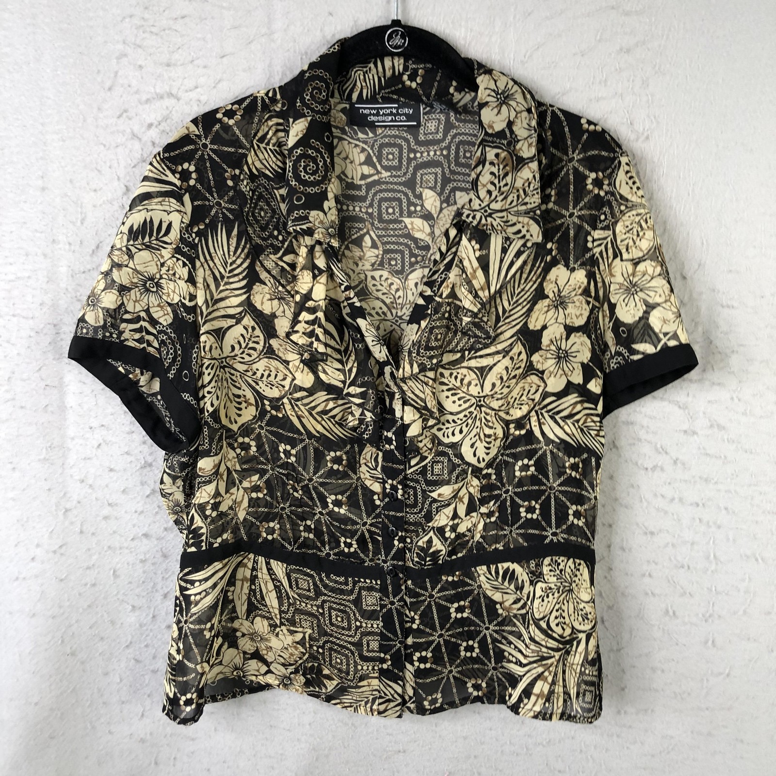 New York City Design Co. Blouse Womens Large Black Floral Sheer Hawaiian Top