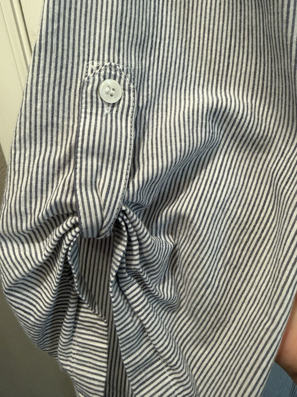 Chico’s Blue White Pin Striped Button Front Top Size 3/XL Roll Tab Sleeves