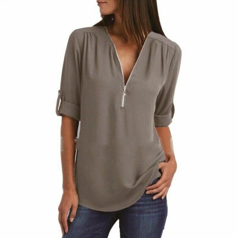 Women’s V-Neck Zipper Shirt Long Sleeve Loose Chiffon Basic Solid Tops Blouse