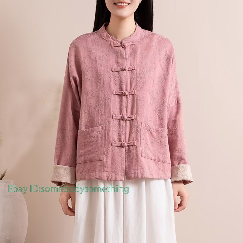 Chinese Style Retro Womens Loose Shirt Cotton Linen Casual Tops Coat Long Sleeve