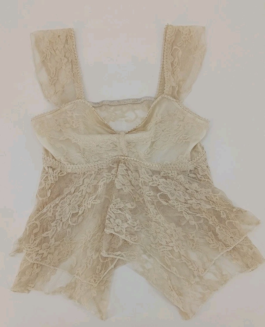 Vintage Style Cream Lace Babydoll Cami Tank Top Sheer Fairy Grunge Coquette XS