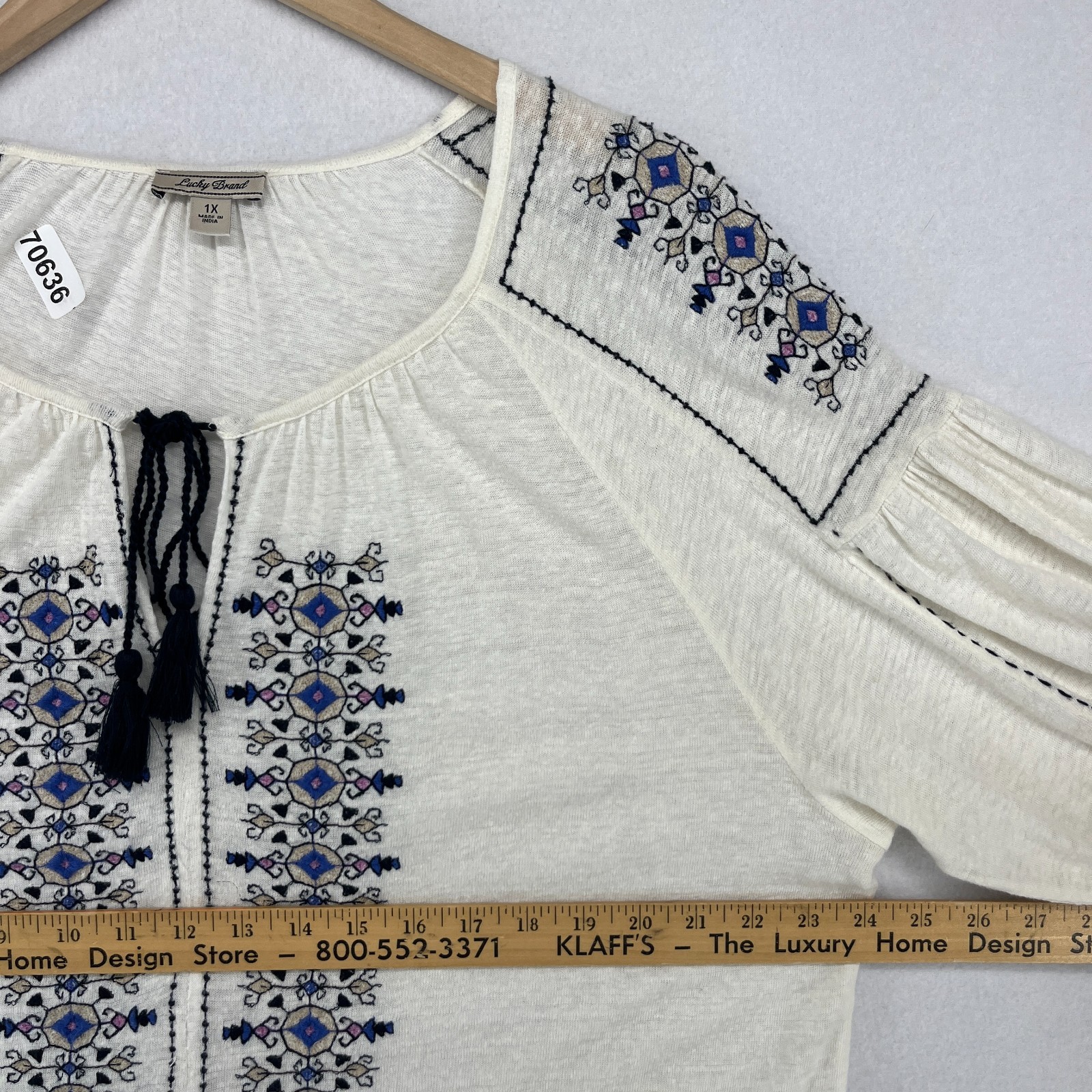 LUCKY BRAND Top 1X Plus Boho Peasant Tunic Tassel Tie Slub Linen Blend Off White