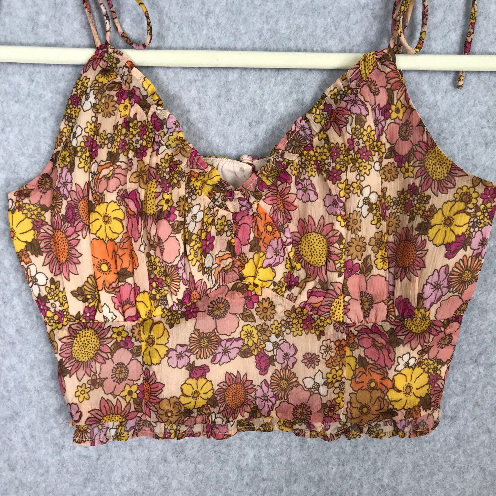 Patrons of Peace Crop Top Medium Orange Tank Bloom Ruffle Boho Western Tie Bow