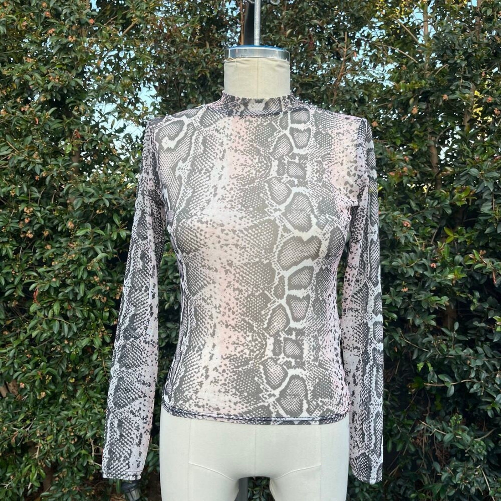 Missguided Pink Black Snake Print Animal Mesh Long Sleeve Top Bodycon