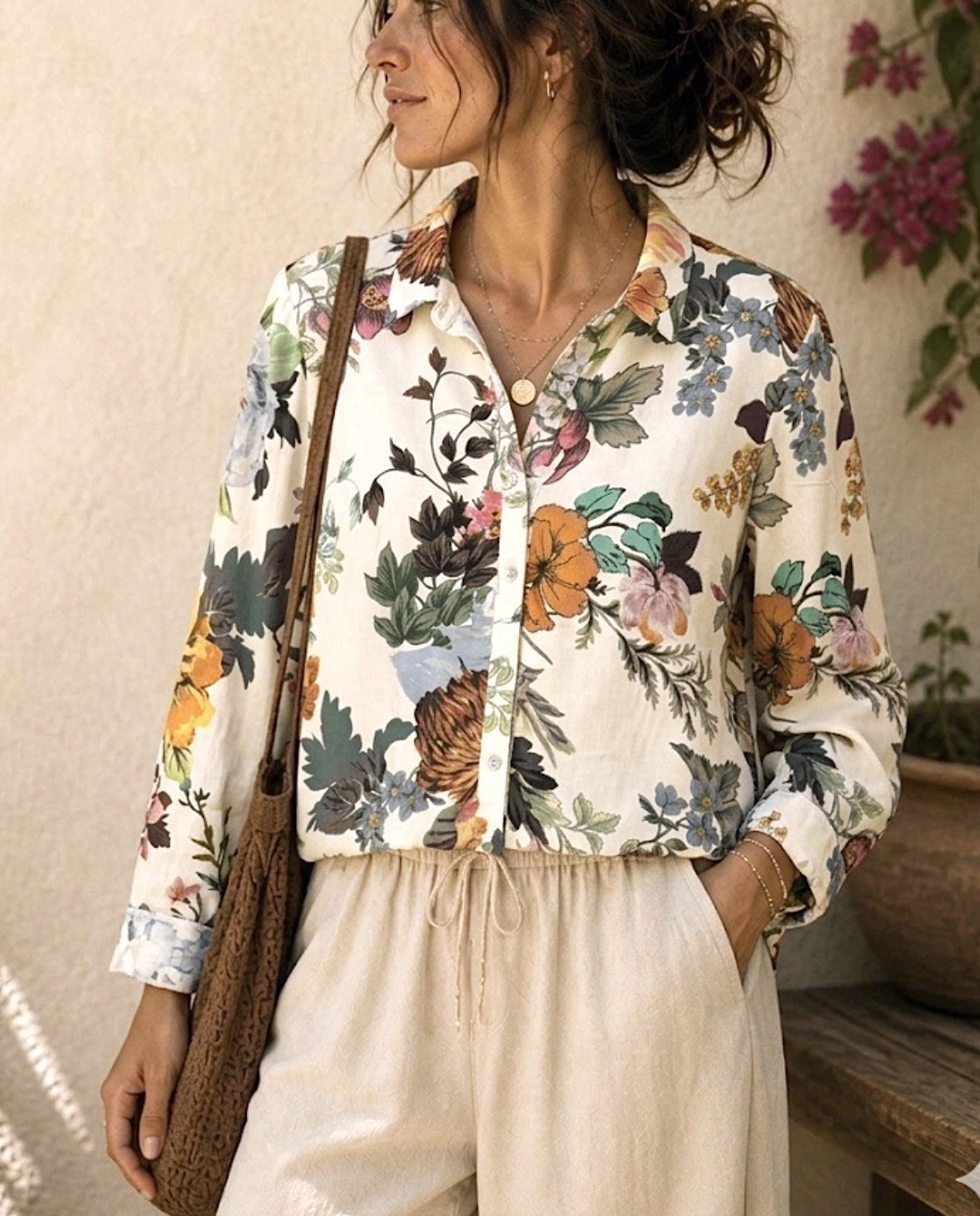 FIG & FLOWER BOHO FLORAL BUTTON UP SHIRT 1X/2X RAYON ROLL TAB FEMININE ROMANTIC