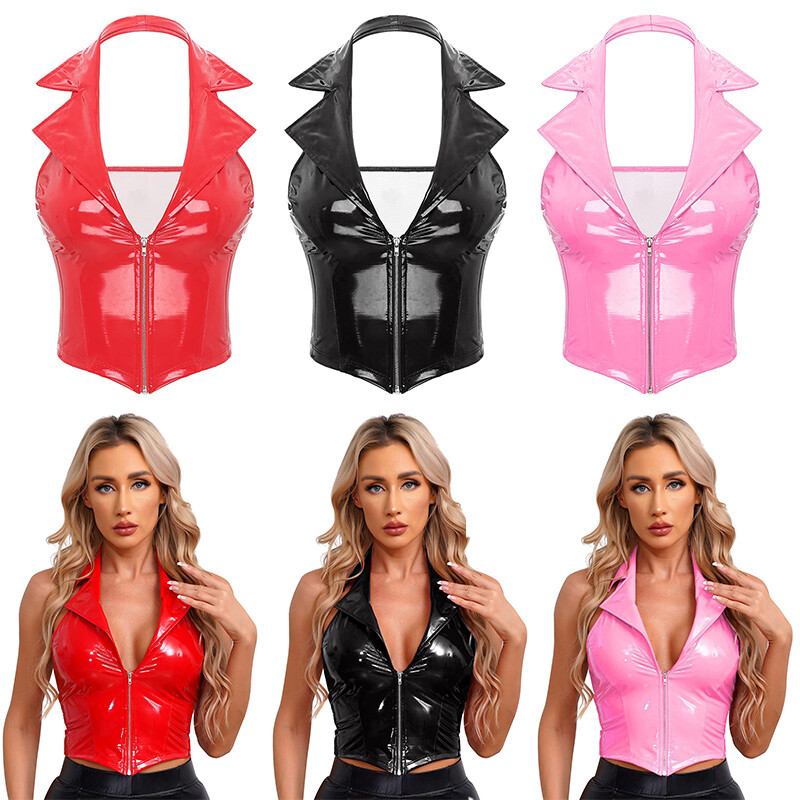 Women Wet Look Halter V Neck Crop Top Tank Top Vest Latex Top Corset Streetwear
