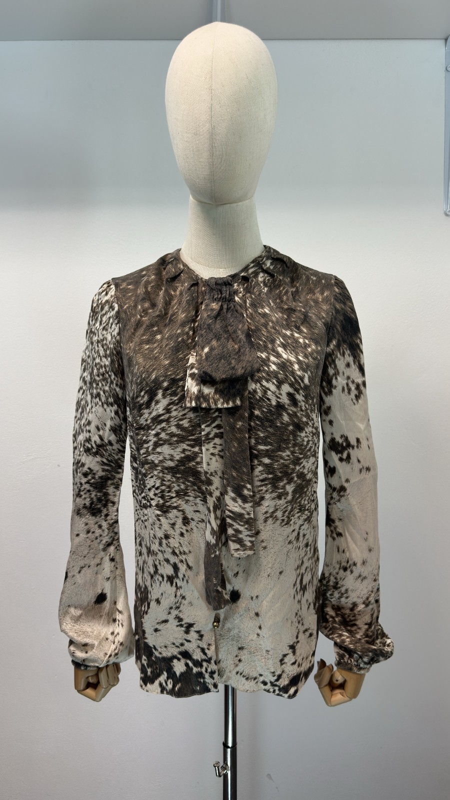Roberto Cavalli Brown Cow Animal Print Silk Blouse Pussy Bow Shirt IT 42