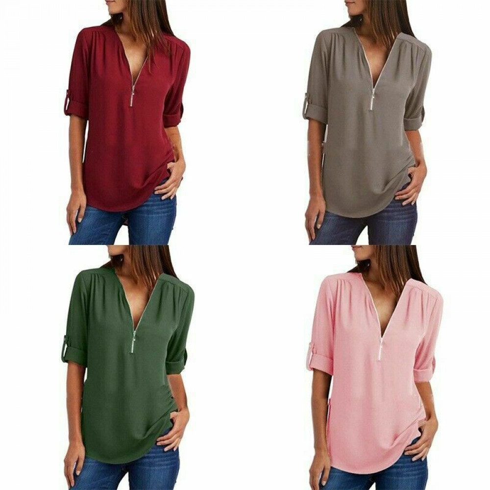 Women’s V-Neck Zipper Shirt Long Sleeve Loose Chiffon Basic Solid Tops Blouse