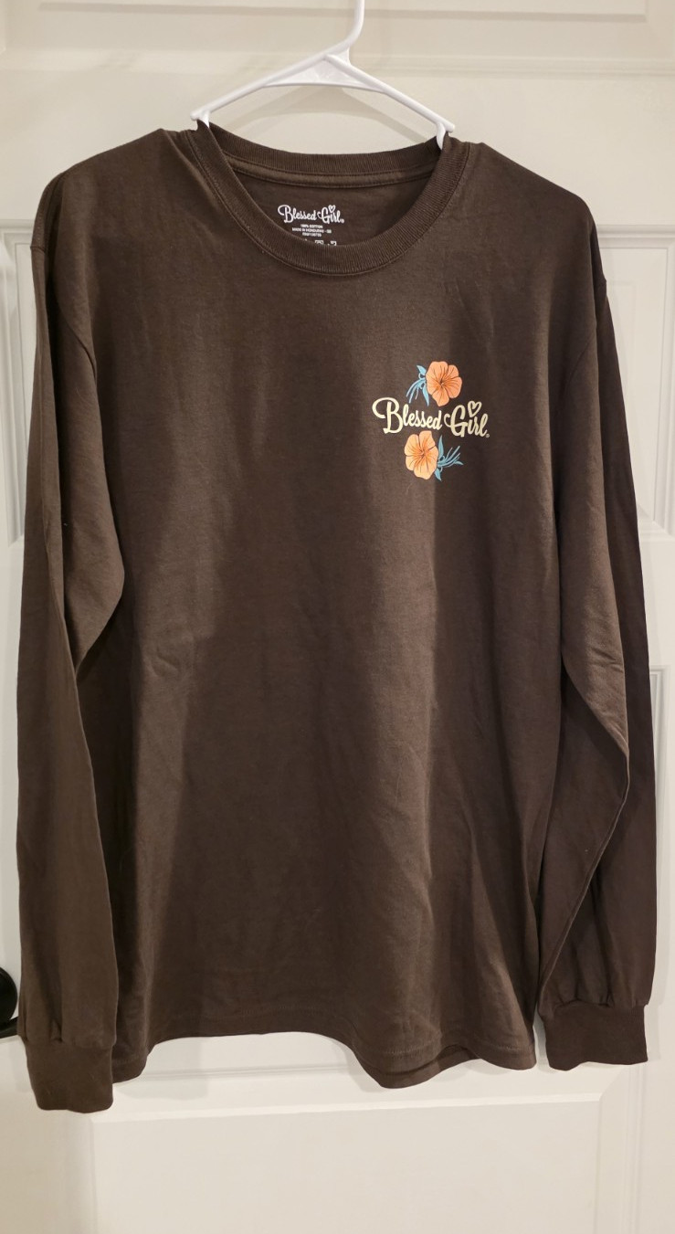 Blessed Girl Brown Long Sleeve Crew Neck Religious Graphic T-Shirt Top, M