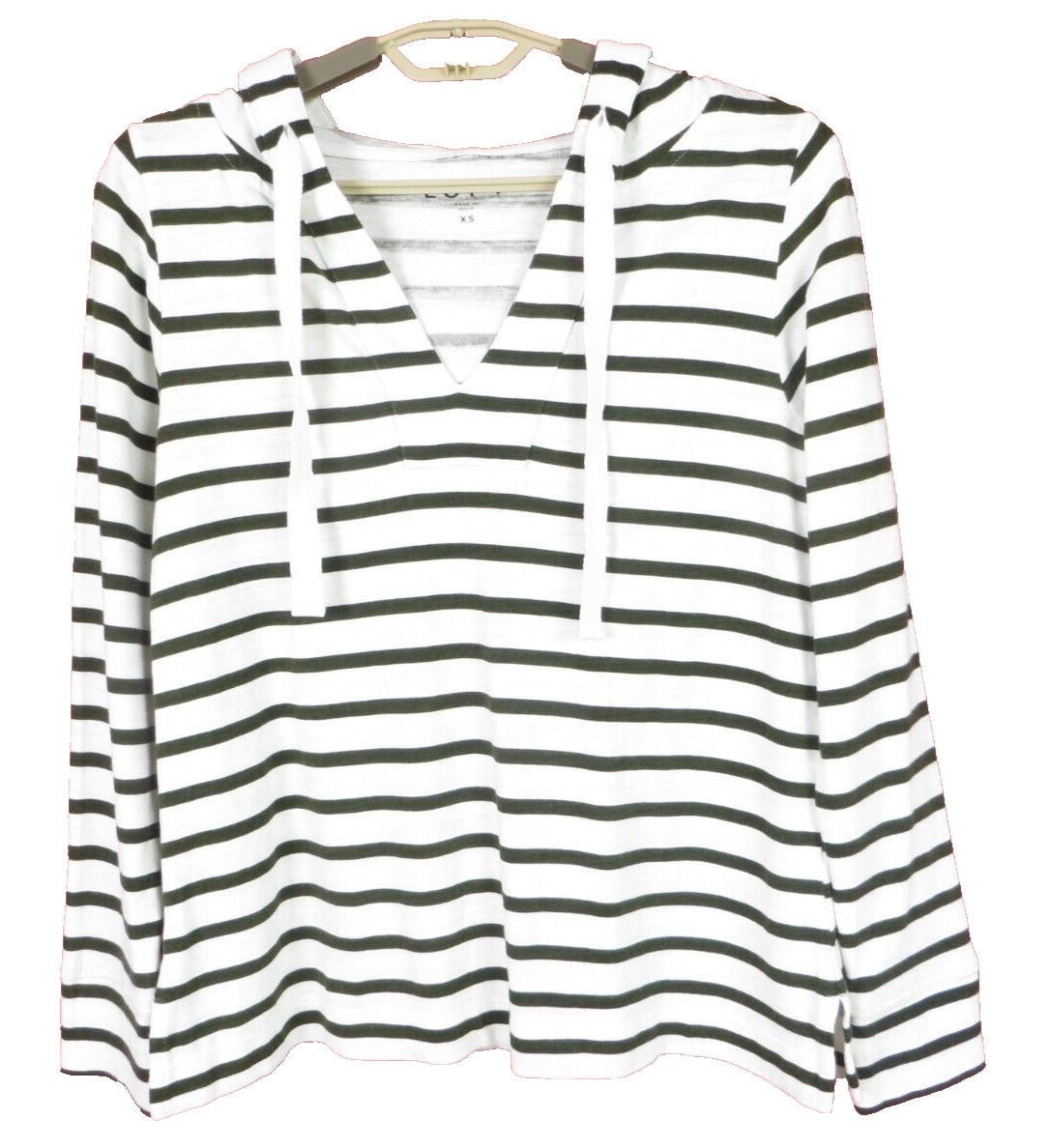 NEW LOFT Women Stretch 100% Cotton Hoodie Blouse Green White Stripe NO Pocket XS