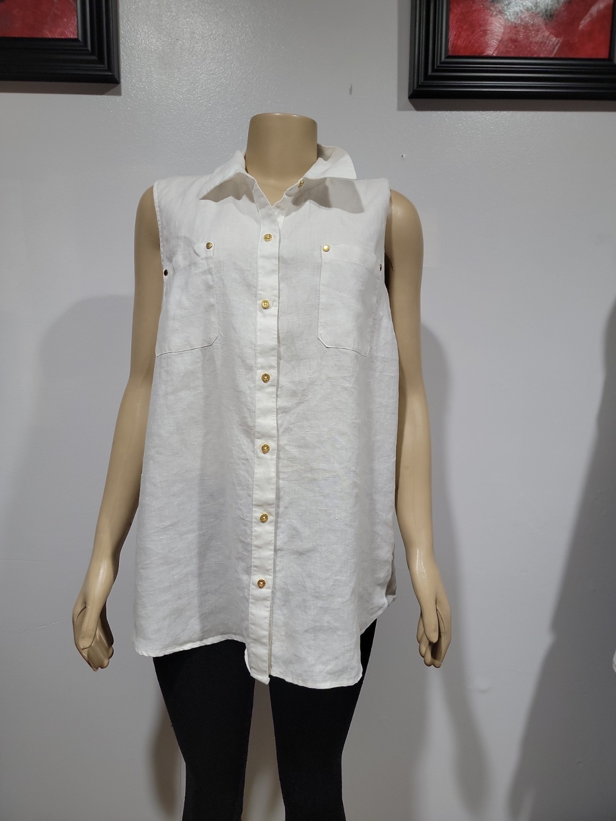 Ellen Tracy 100% Linen Women’s Top XL White Gold Tone Buttons Sleeveless #CC