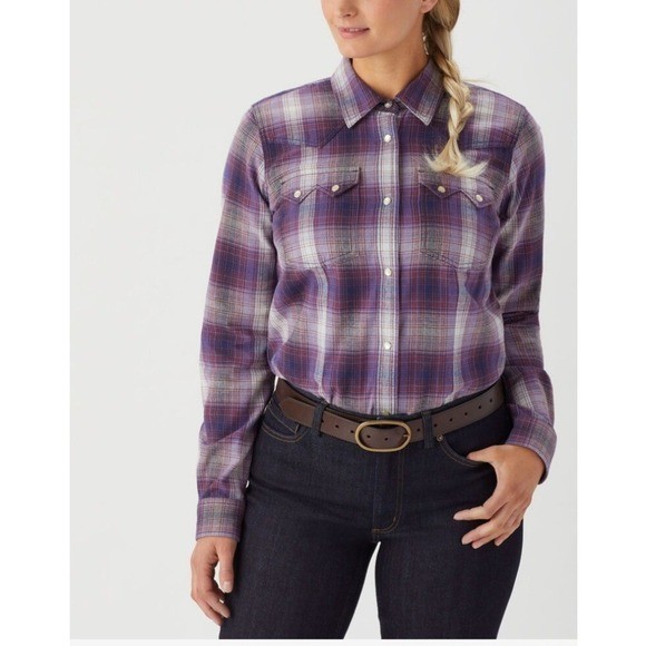 Duluth Trading Co Womens Purple Plaid Flannel Western Snap Front Shirt Size M