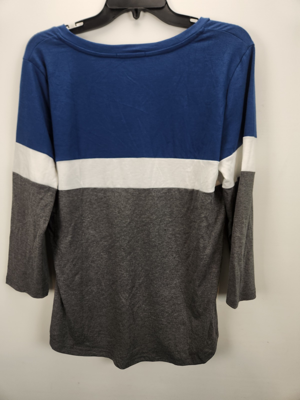 Orandesigne Large Blue Gray White Color Block V Neck 3/4 Sleeve Relaxed Q1