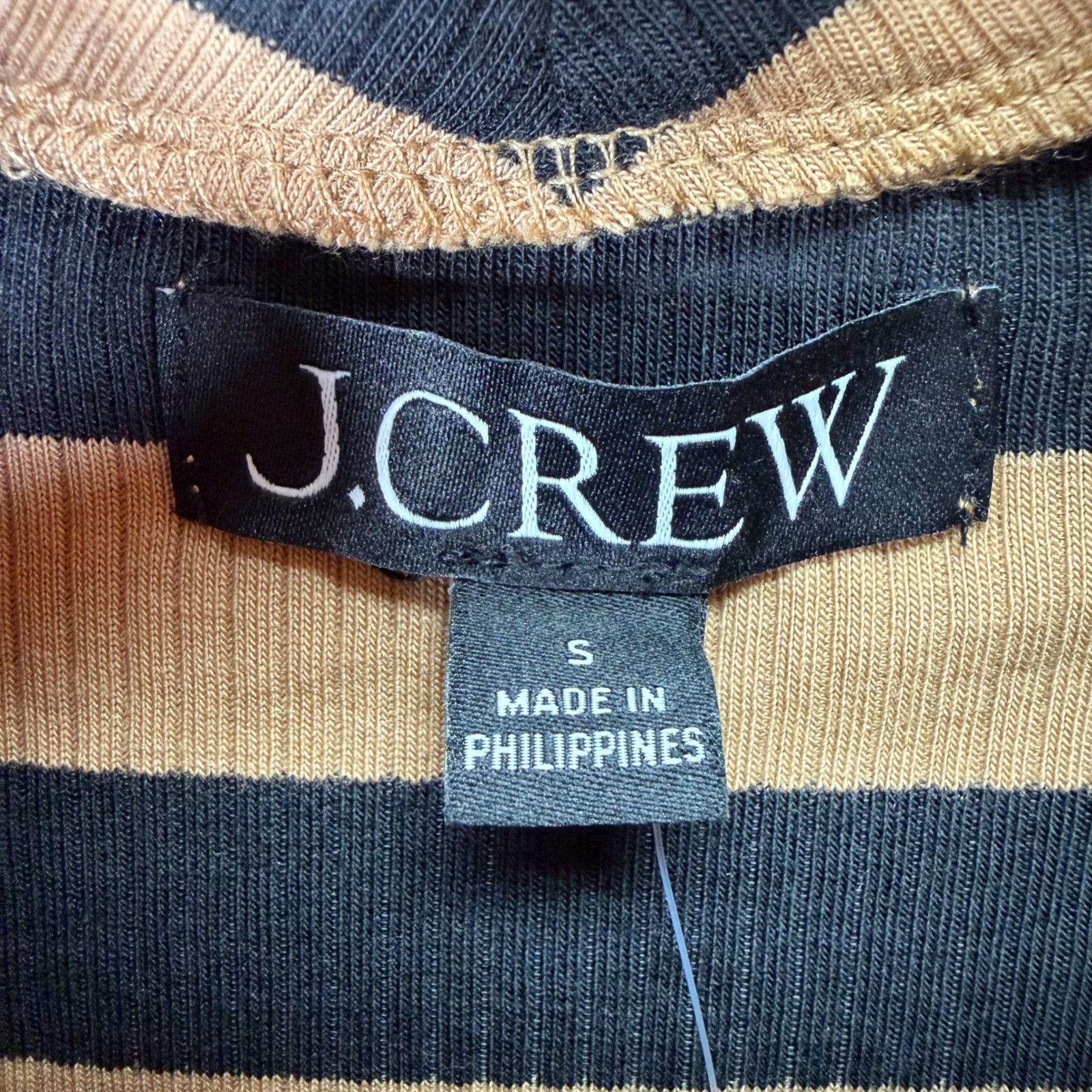 J.Crew Womens Top NWT Slim Camel Black Striped Ruffle Neck Long Sleeve S
