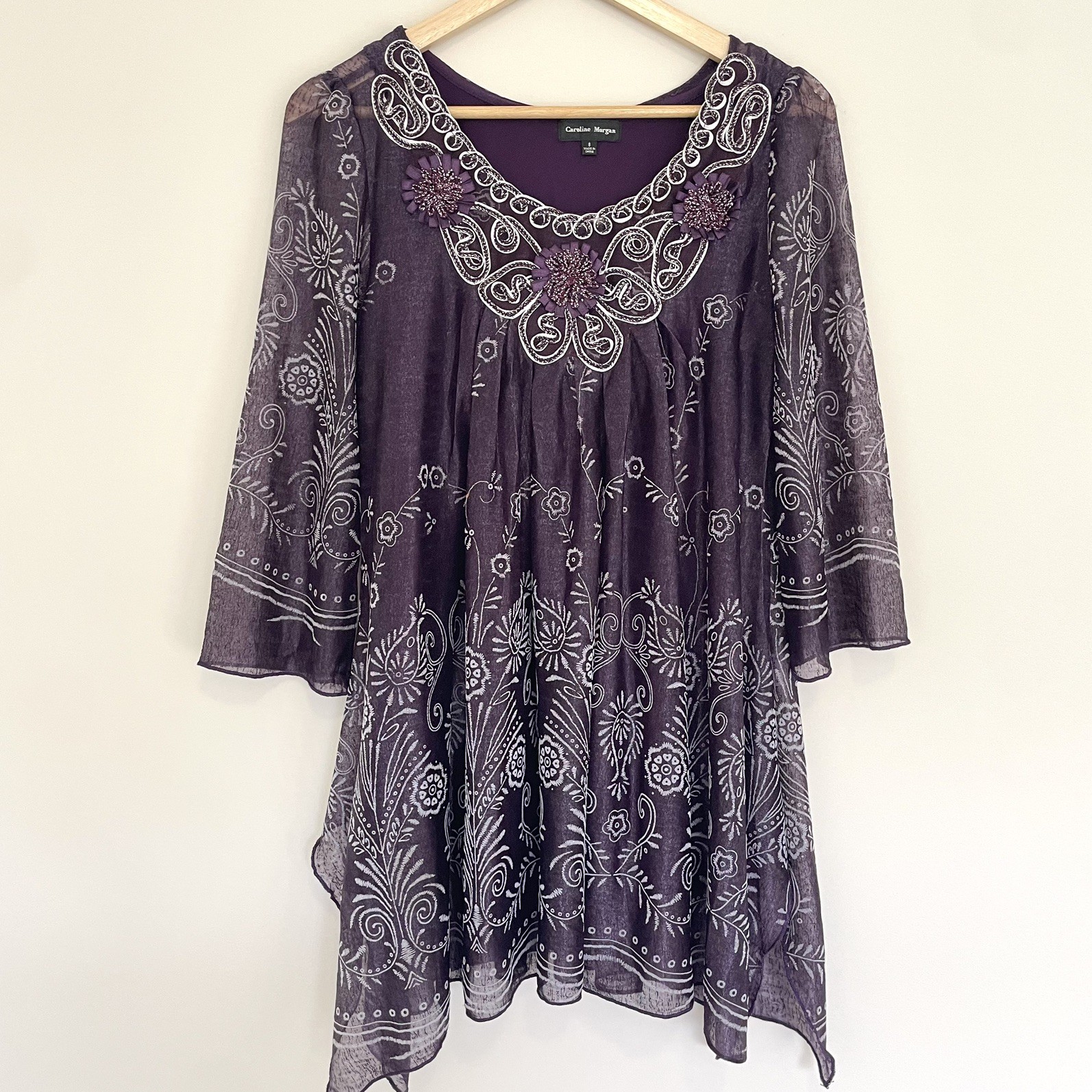 Vintage 2000s Caroline Morgan Purple Embroidered Blouse Size 8 Fairycore Boho