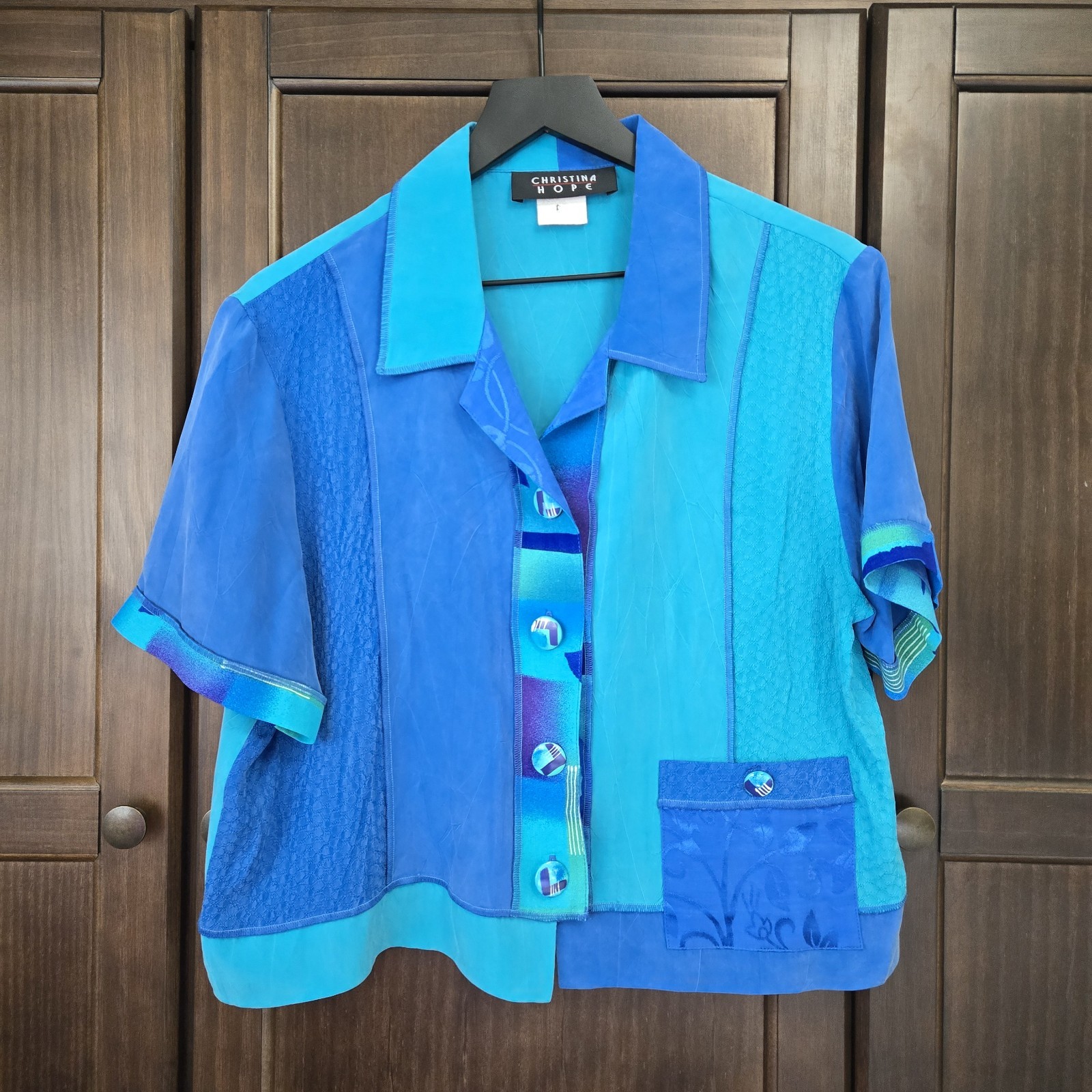 Vtg Christina Hope Mixed Media Button Up Exposed Hem Patchwork Artstly Aqua Blue