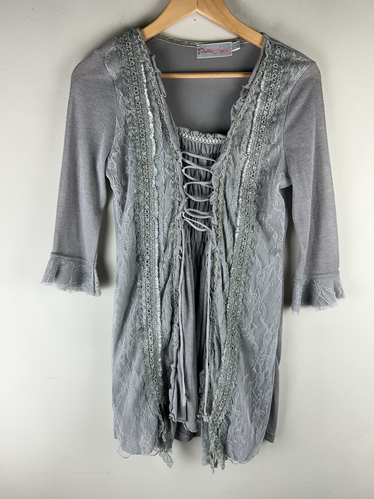 Pretty Angel Corset Style Ruffle Lace Fairy Whimsigoth Gray Sheer Sleeve Large