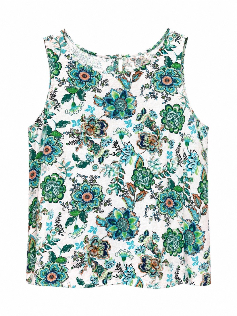 Womens Floral Linen Rayon Sleeveless Blouse Top Green Blue White Tie Back size X