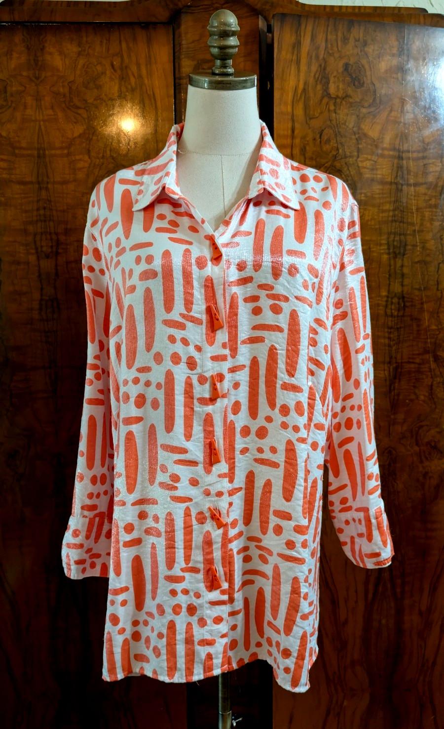 Multiples Size XL Orange Coral Abstract Button Front Tunic Shimmer Texture