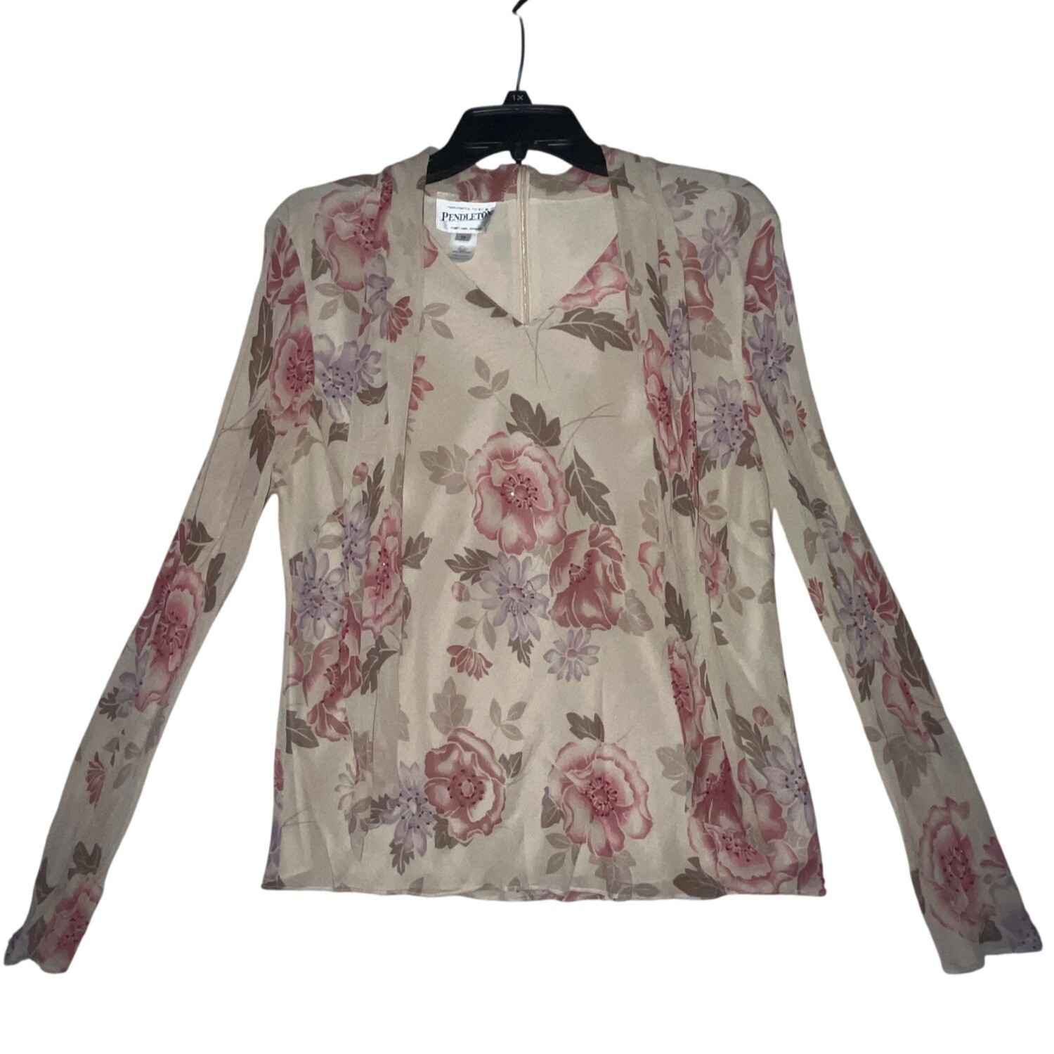 Vintage Pendleton Floral Silk Blouse Long Sleeve V-Neck Soft Romantic Top Beaded