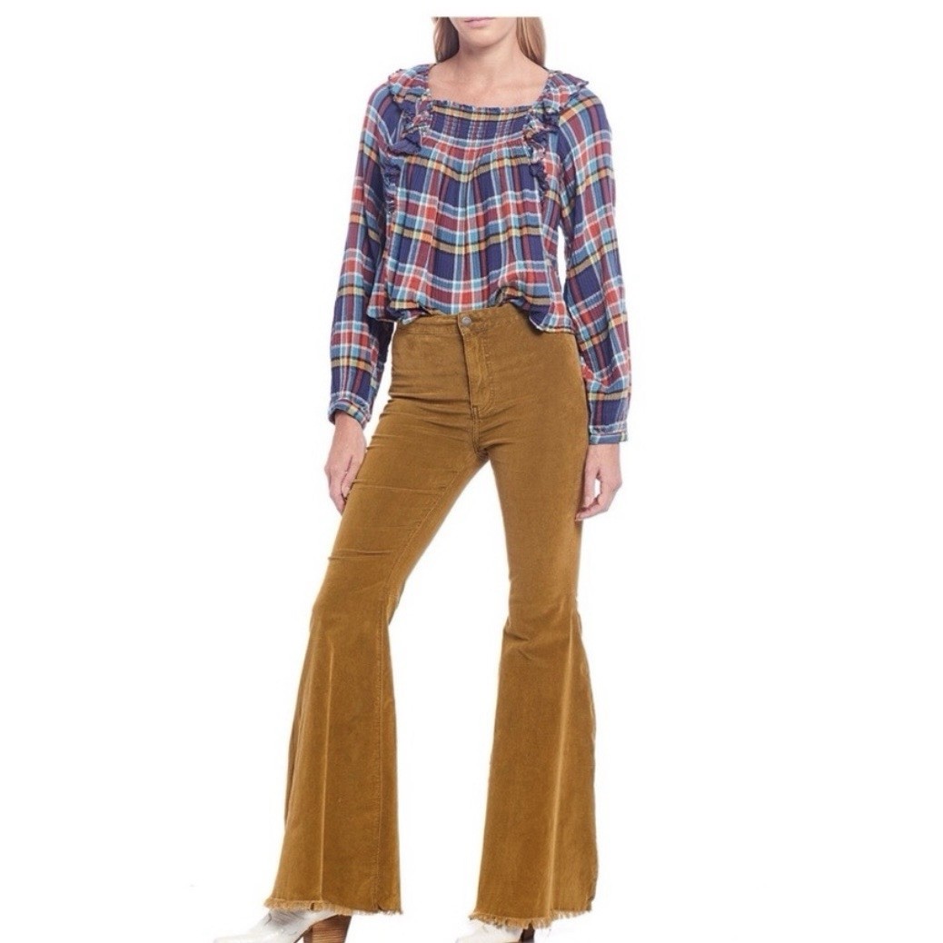 We the FREE PEOPLE New Siena Plaid Pullover TOP Small Babydoll Teal Country $118