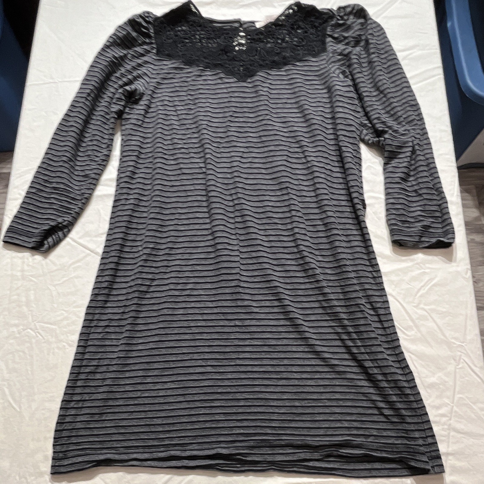 LOFT Petites Women’s Gray/Black Striped Knit Lace Yoke Tunic Top SP