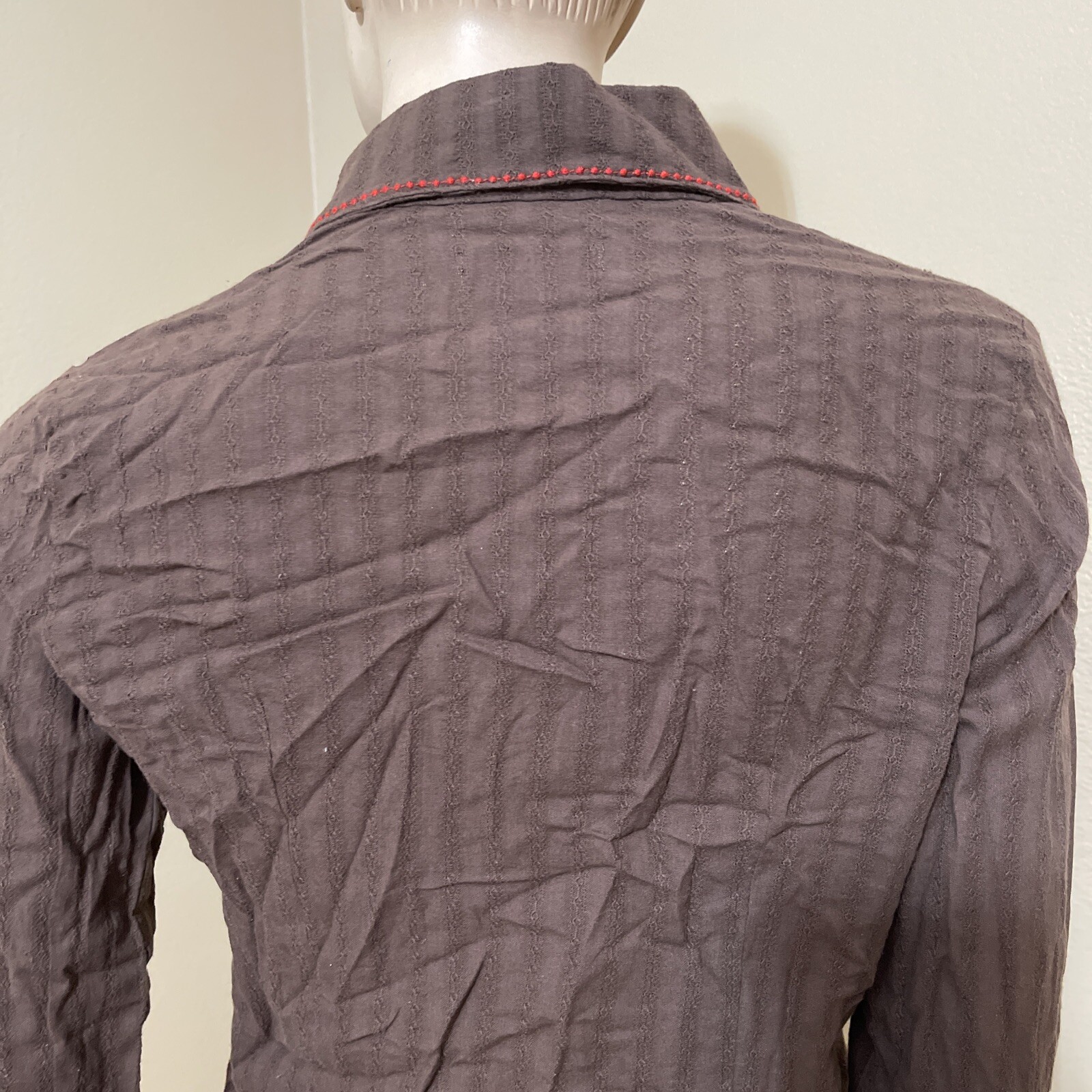 Women’s Brown Cotton Casual Embroidered Slit Sleeve Size M Button Up Blouse Top