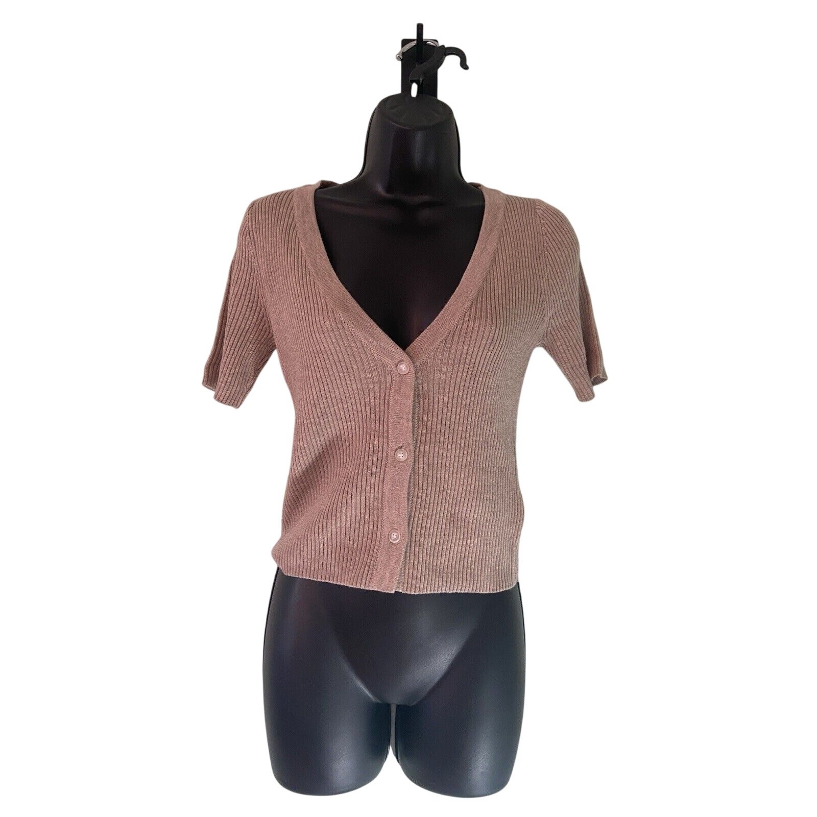 The Drop Womens XS Tan Cardigan Sweater Buttons Short Sleeve Cropped Top