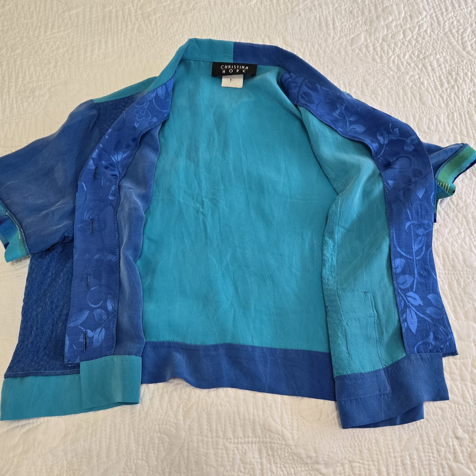 Vtg Christina Hope Mixed Media Button Up Exposed Hem Patchwork Artstly Aqua Blue
