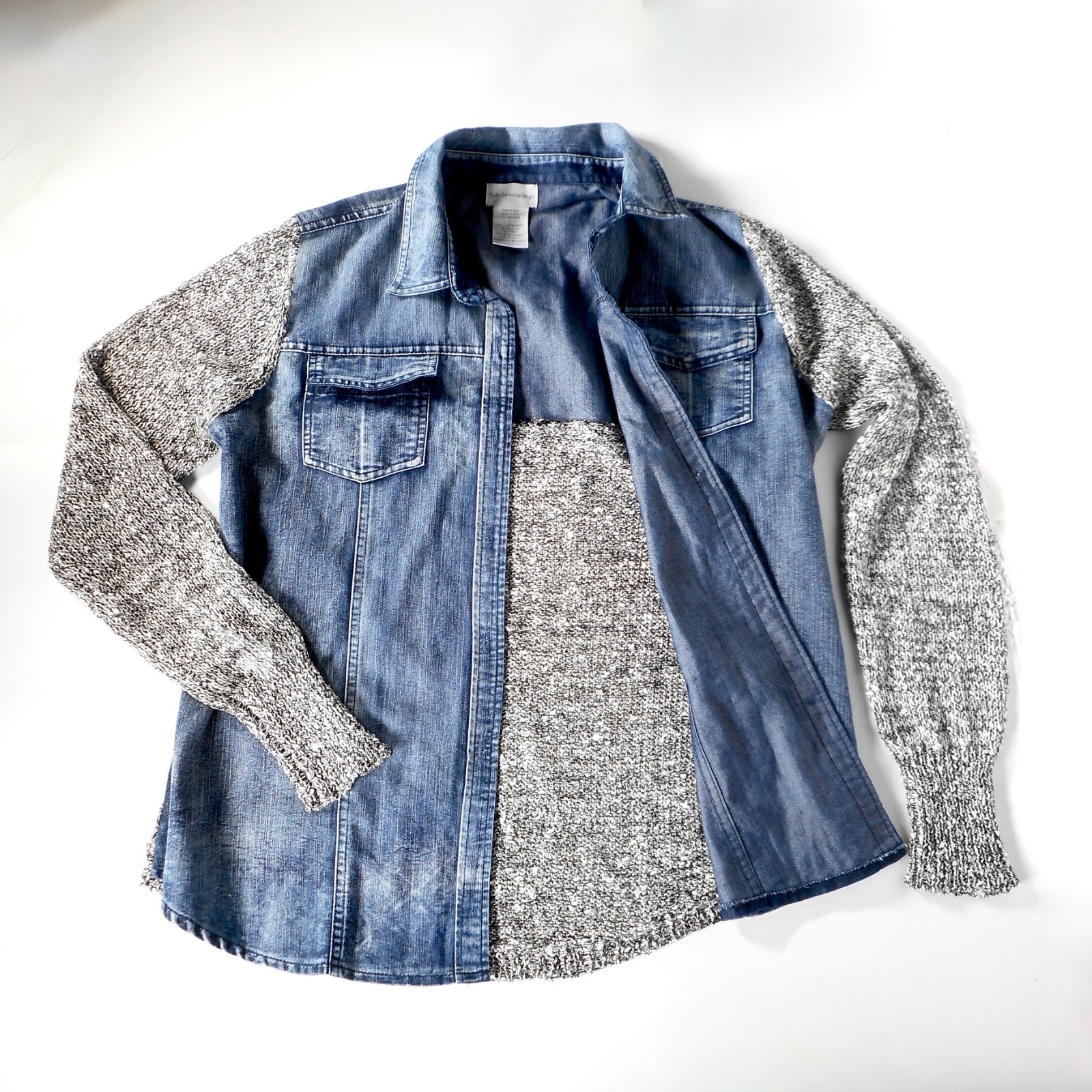 Soft Surroundings Blue Chambray Shirt Sz L Crochet Sweater Sequin Sleeves Jacket