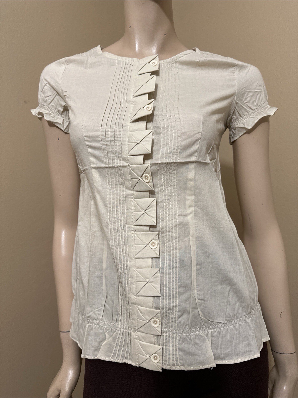 Women’s Ivory Cotton Casual Summer Button Up Short Sleeve Size S Blouse Top