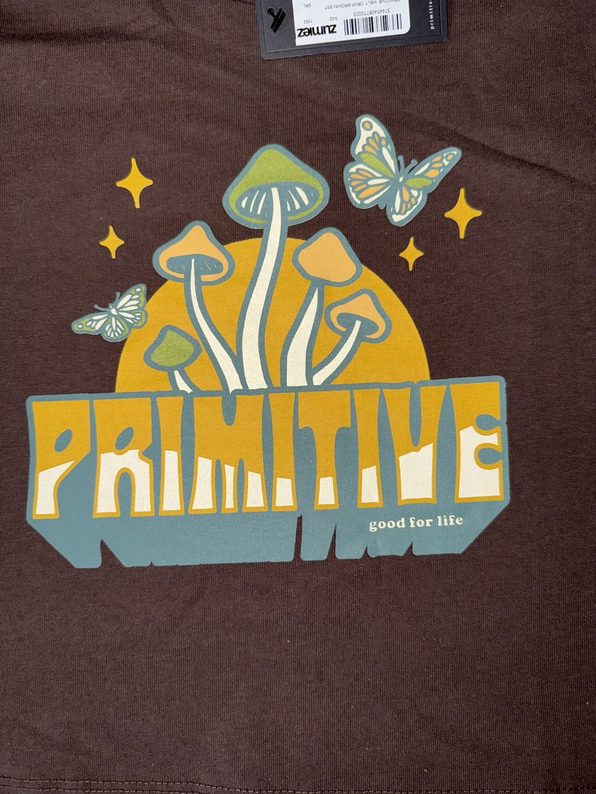 Women’s Brown PRIMITIVE Brand Mushroom & Butterly Tee “Good For Life” Size L NWT