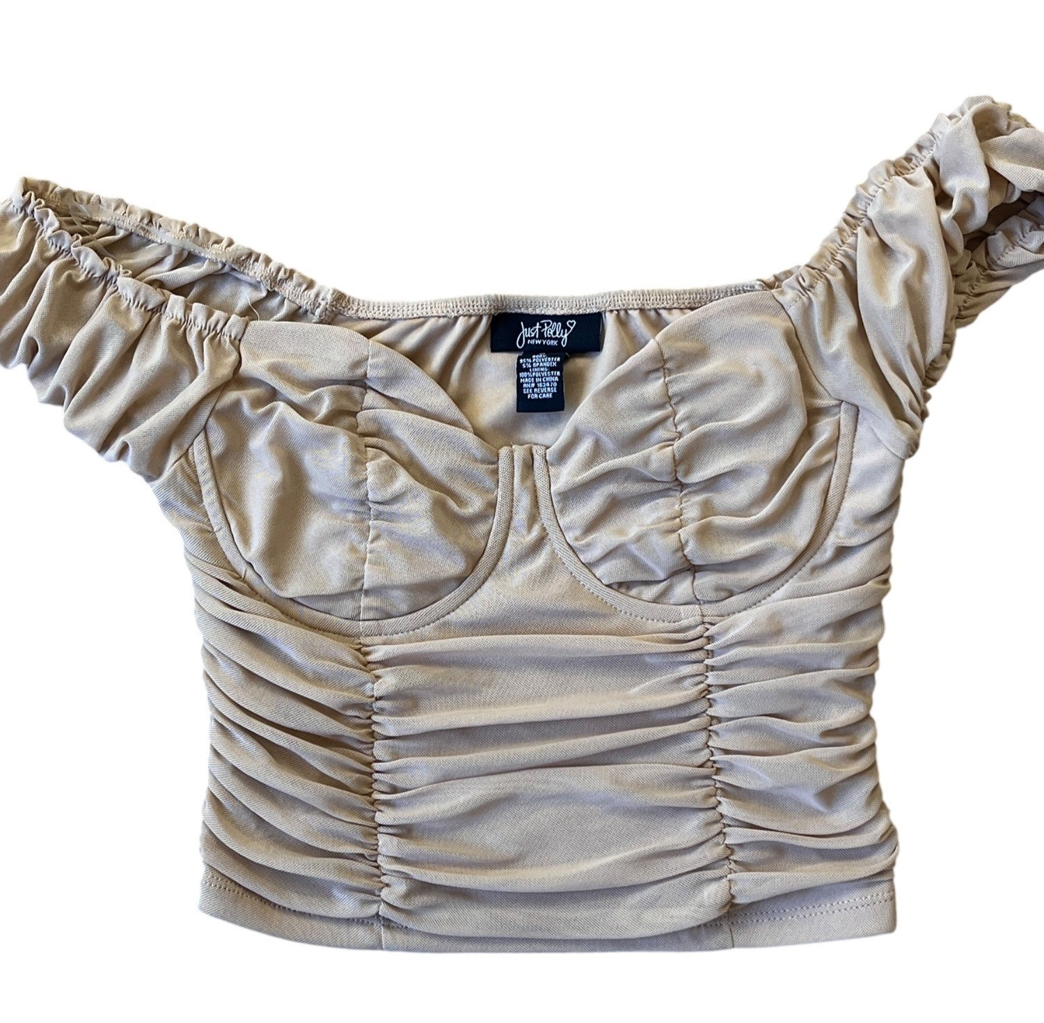 Just Polly Y2K McBling Ruched Bustier Crop Top Medium Beige Romantic Milkmaid