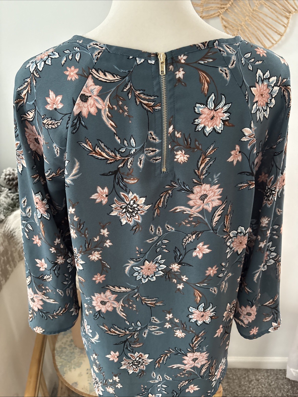 Papermoon Stitch Fix Blouse Top Shirt Dark Turquoise Floral 3/4 Sleeve Small S