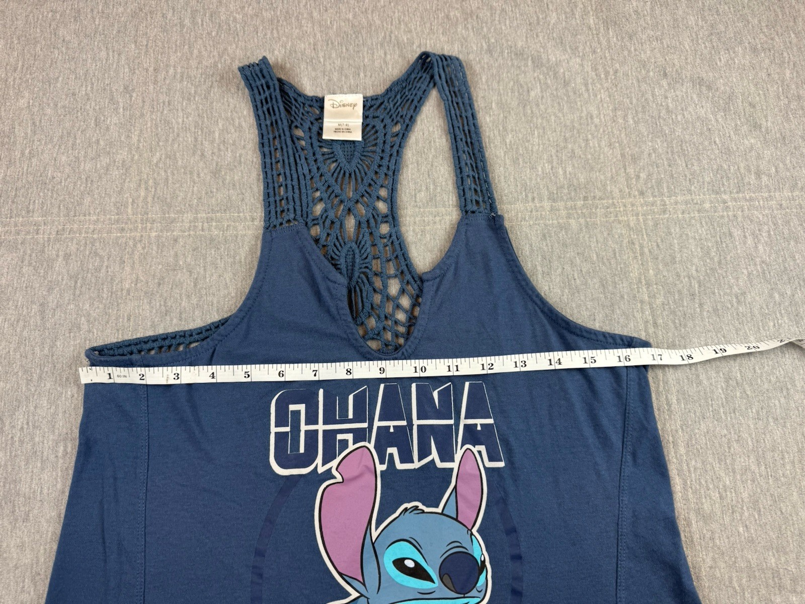 Disney Lilo & Stitch Ohana Blue Crochet Lace Racerback Tank Top Womens Medium