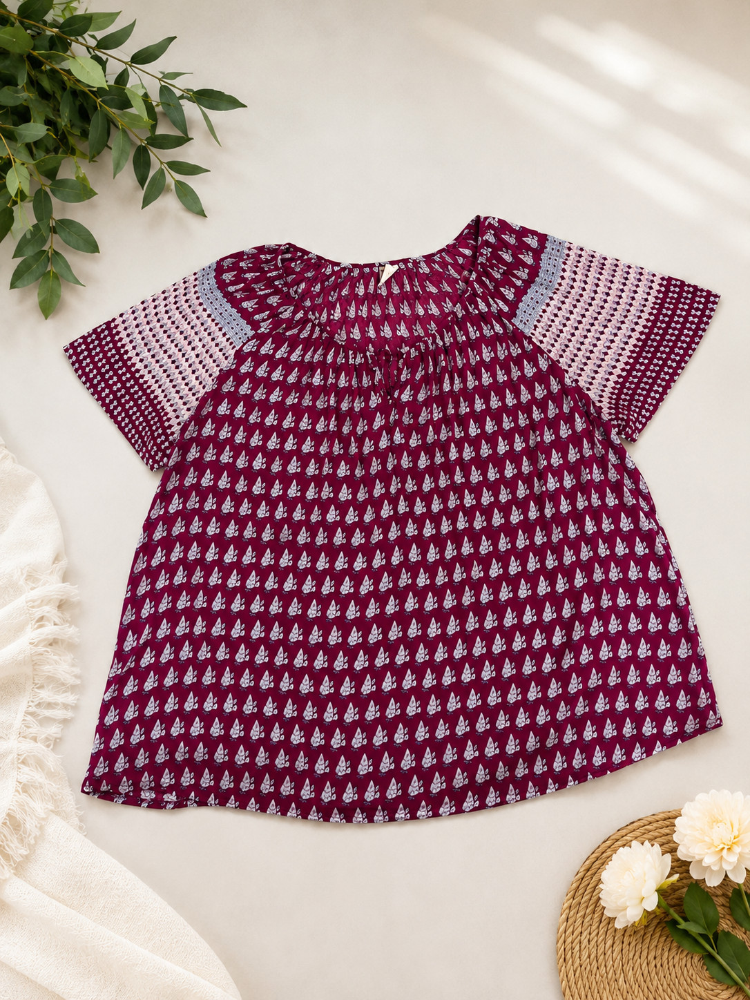 Faded Glory Women’s 4X 26W-28W Burgundy Boho Rayon Peasant Blouse Plus Size