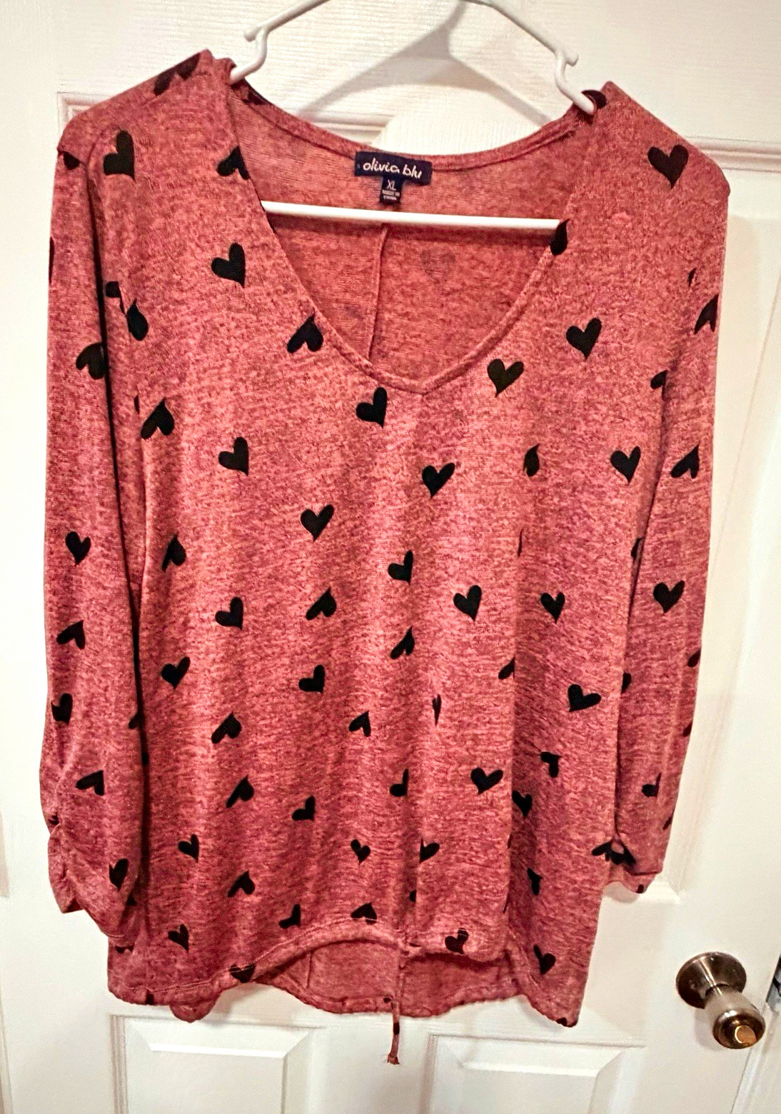 Olivia Blu Women’s XL Pink Black Heart Print V-Neck Drawstring 3/4 Top