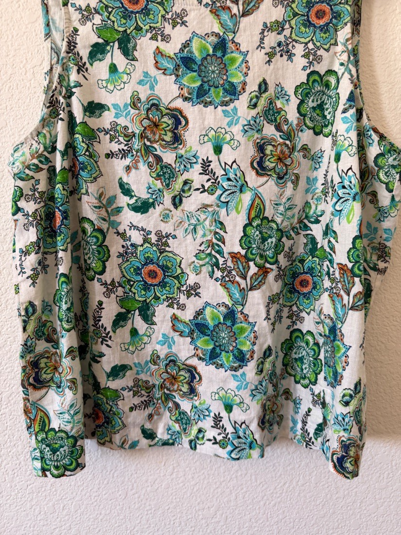 Womens Floral Linen Rayon Sleeveless Blouse Top Green Blue White Tie Back size X