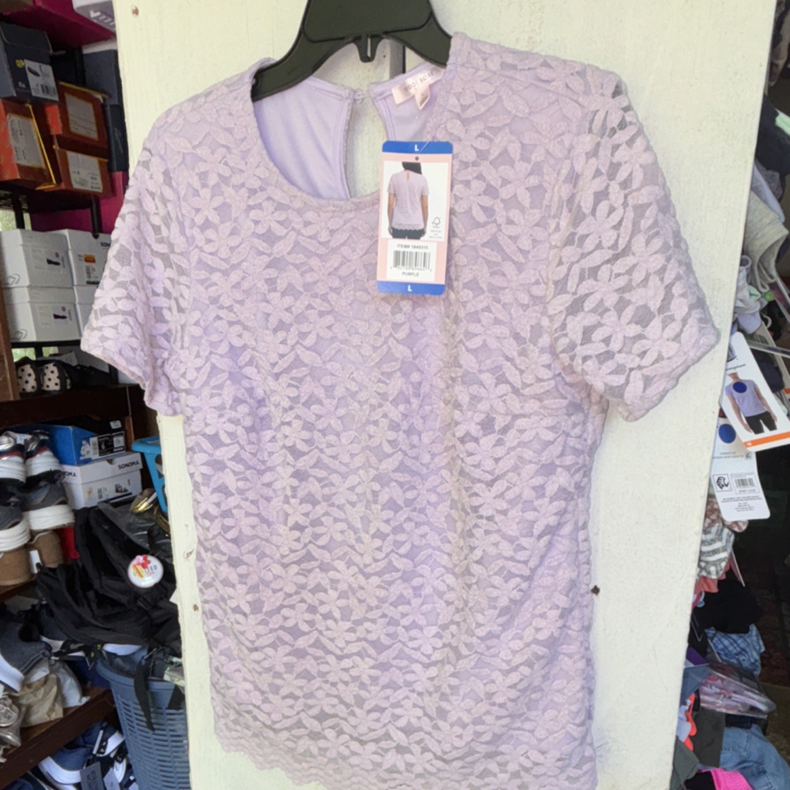 Teddi Rose Floral Lace Overlay Short Sleeve Top, Women’s, Color Purple Medium