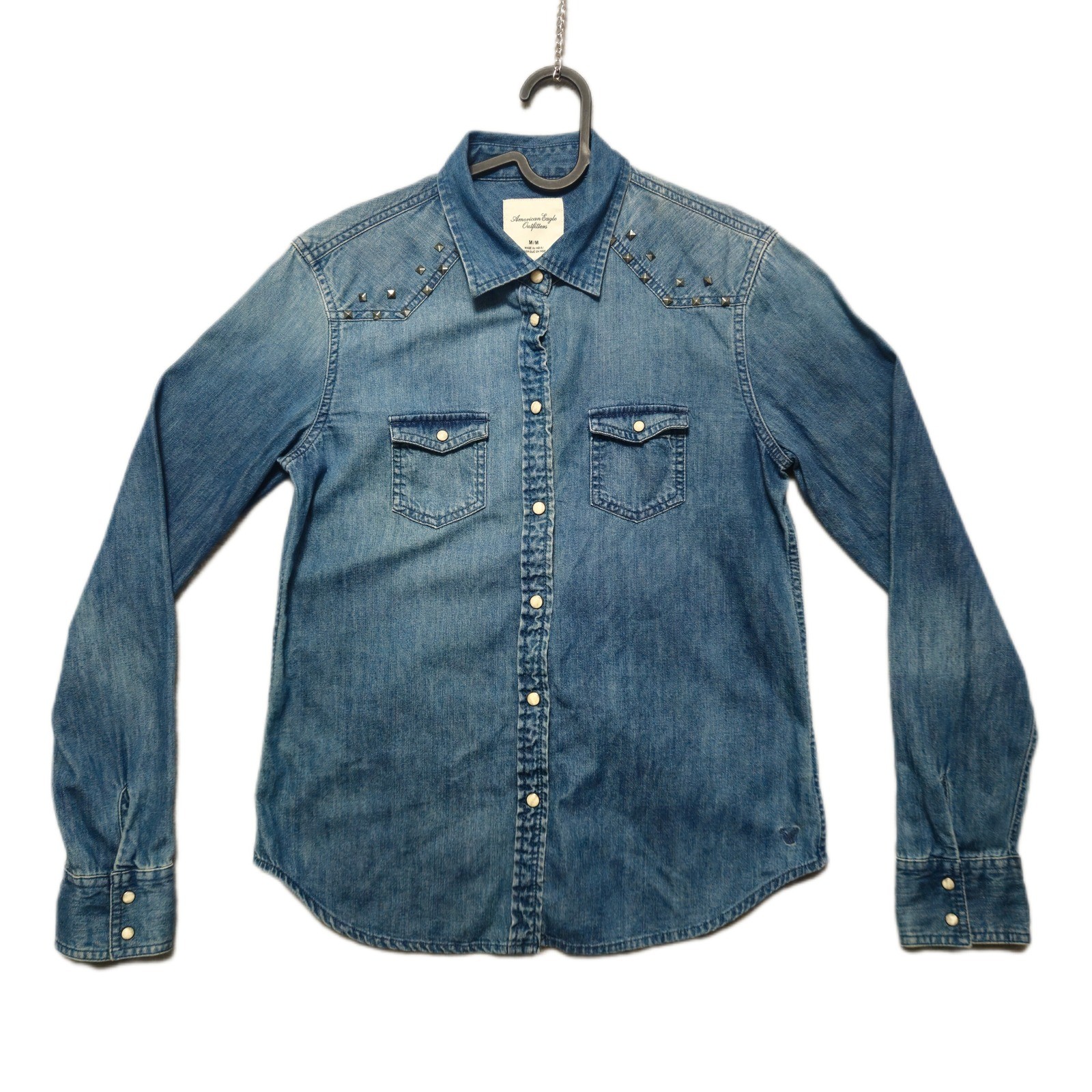 American Eagle AEO Blue Long Sleeve Denim Studded Button Shirt Womens Medium