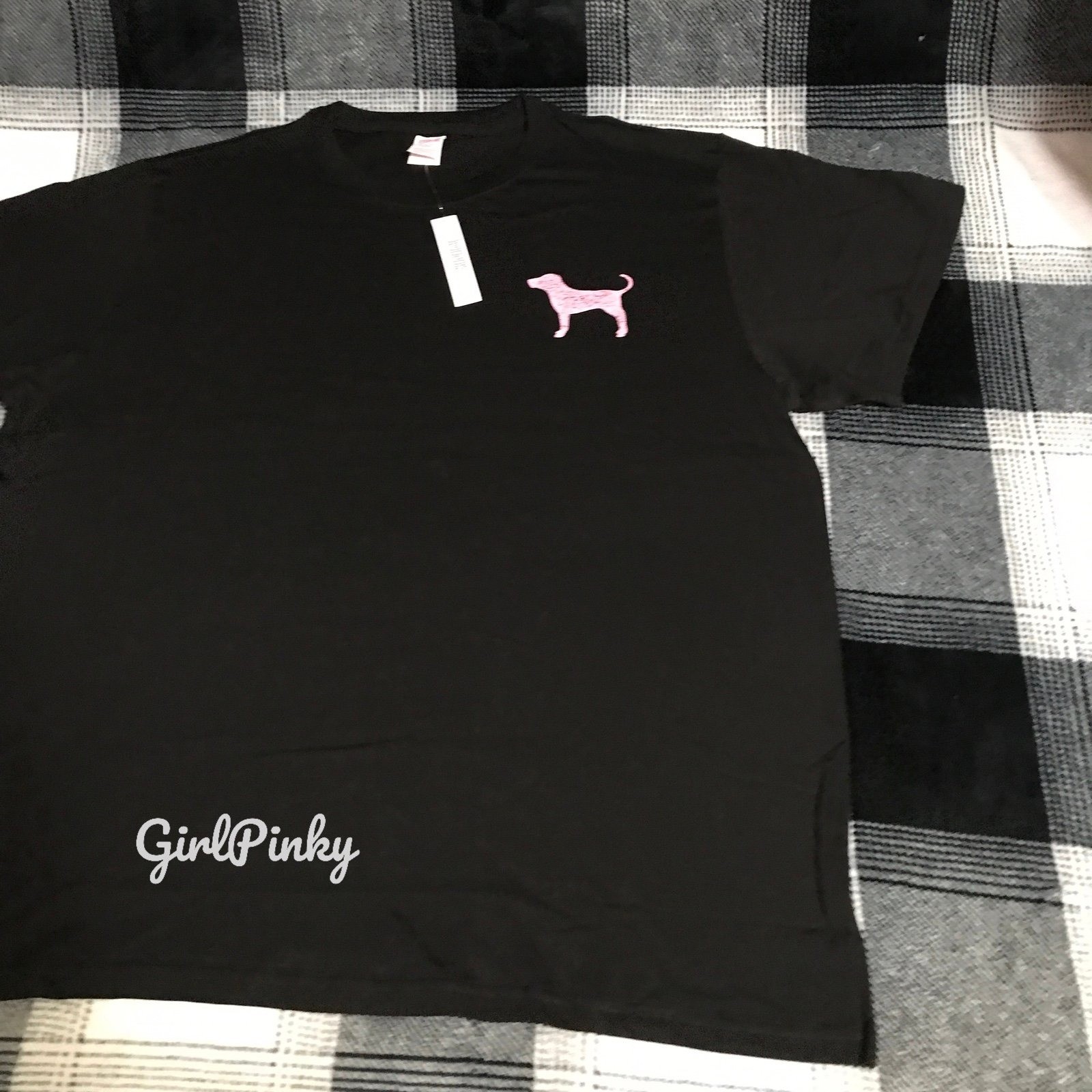 VS PINK BLACK FRIDAY SS CAMPUS COTTON TEE IN BLACK PINK & MINI DOG LOGO LARGE