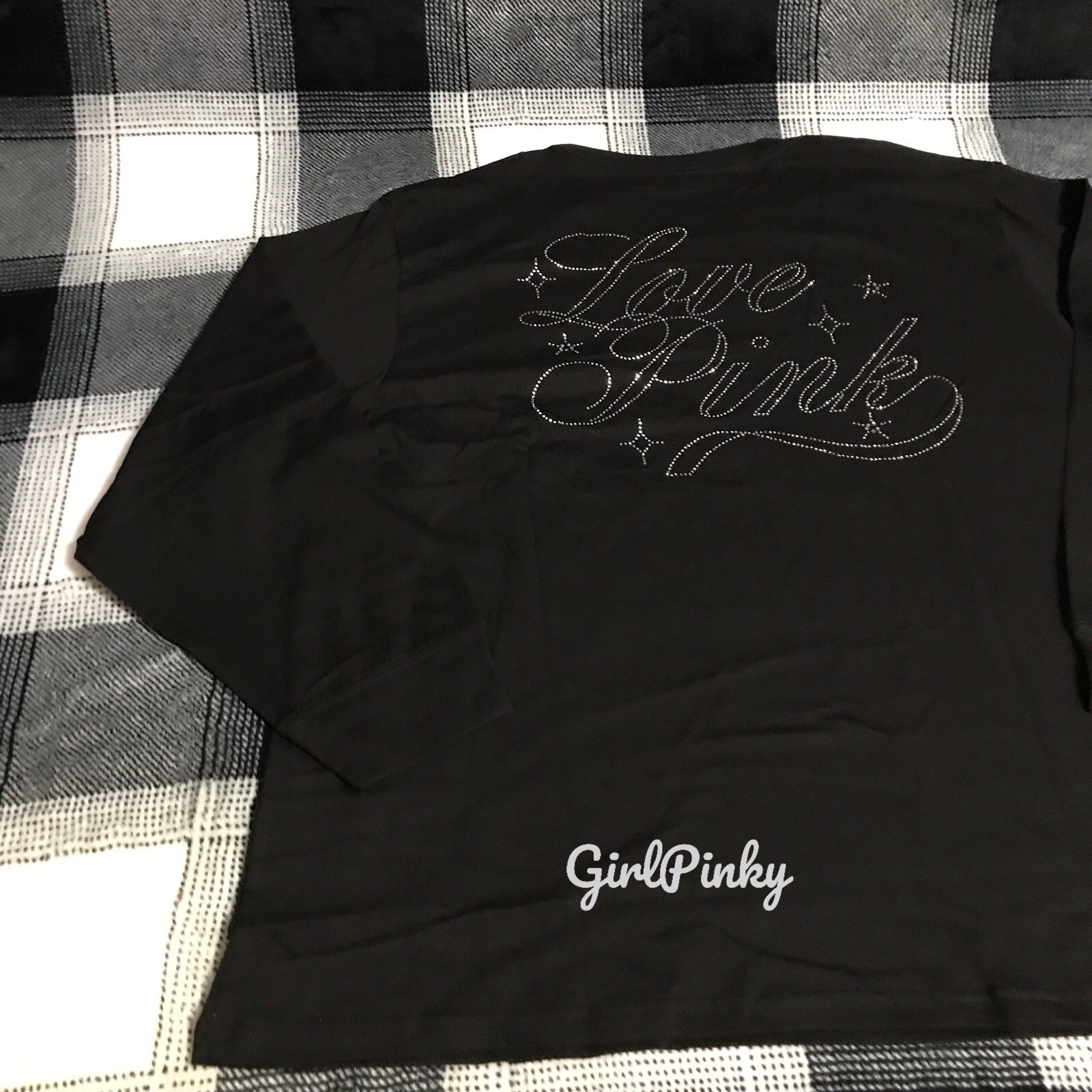 VS PINK LOVE WITH PINK BLING/RHINESTONES LOGO BLACK CAMPUS TEE SIZES XS-2XL NEW