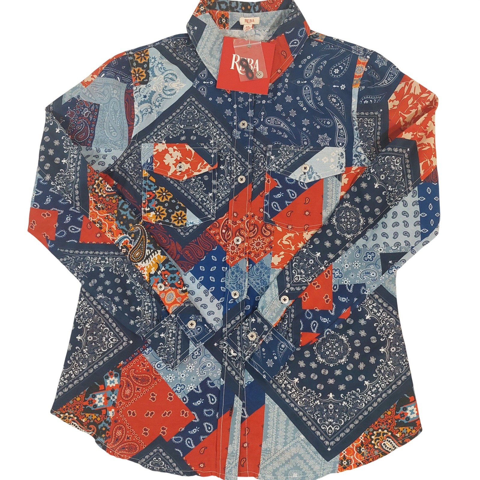REBA Womens Patchwork Bandana Print Button Down Shirt XS Blue Red Orange