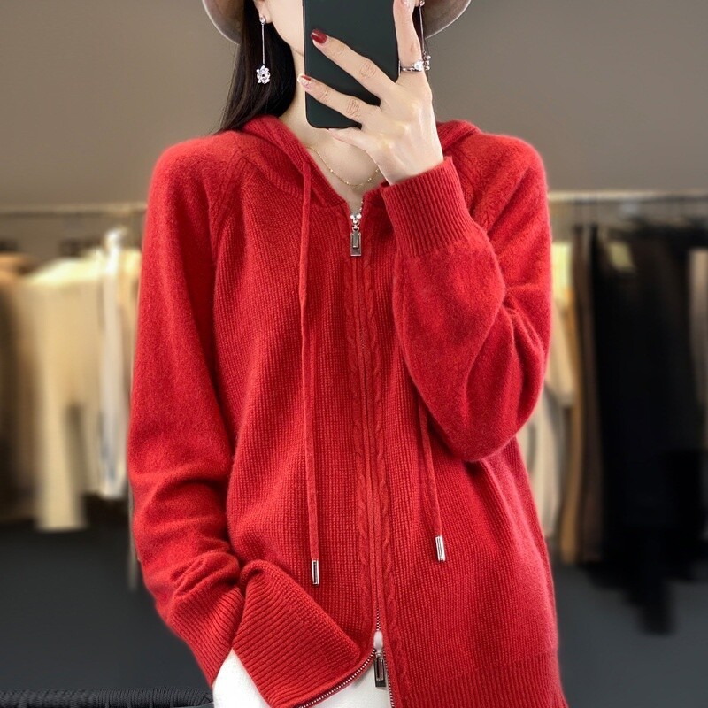 Women Tops Coat Sweater Hoodie Knitted Cardigan Hooded Casual Zipper Cashmere