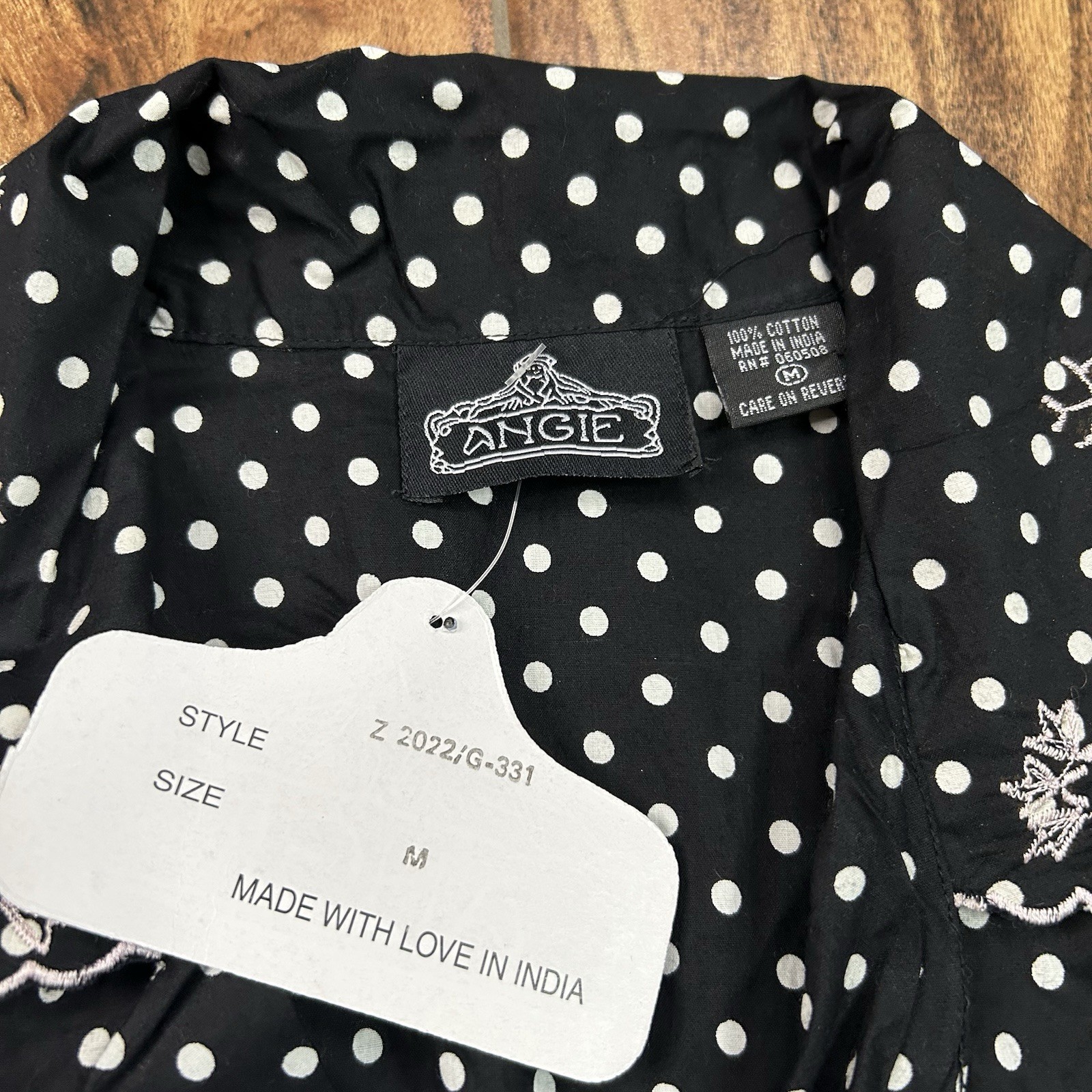 Y2K Angie Deadstock Polka Dot Fitted Button Down w/ Floral Lace Embroidery Sz M
