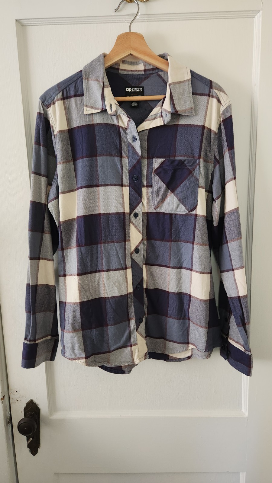 Outdoor Research Shirt L Womens Blue White Plaid Flannel Hiking Button